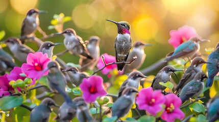 Hummingbirds perch on a branch with pink flowers, surrounded by other hummingbirds.