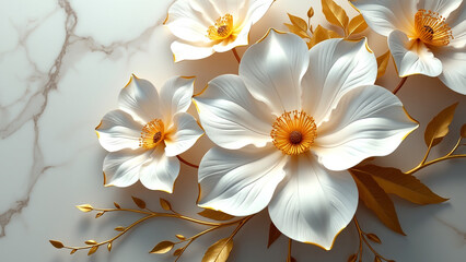 Elegant White and Gold Flower Wall Art – 3D Floral Design for Modern Home Décor.