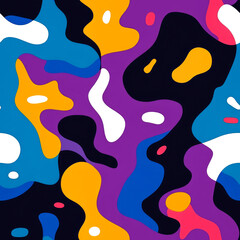 Abstract seamless pattern with colorful fluid shapes in blue, purple, yellow, white and black colors.