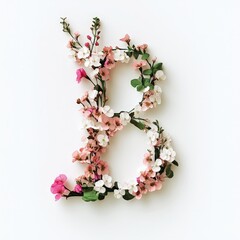 The image features the letter "B" shaped with a mix of white, pink, and red flowers, their soft petals arranged to form a floral interpretation of the alphabet.