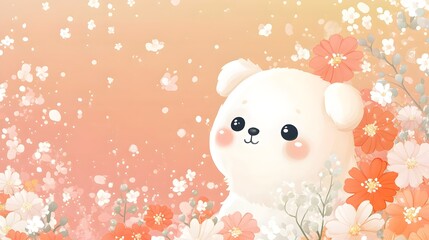 A cute white puppy with big eyes looking to the side, surrounded by flowers