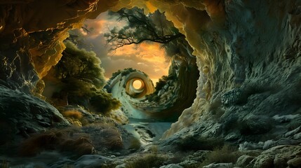 A glowing, surreal landscape with a cave opening to a spiraling sky.