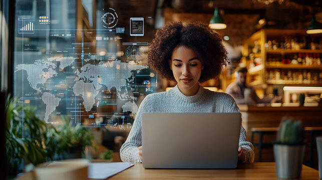 A young professional working remotely from a vibrant urban cafe, digital elements like a world map overlay	
