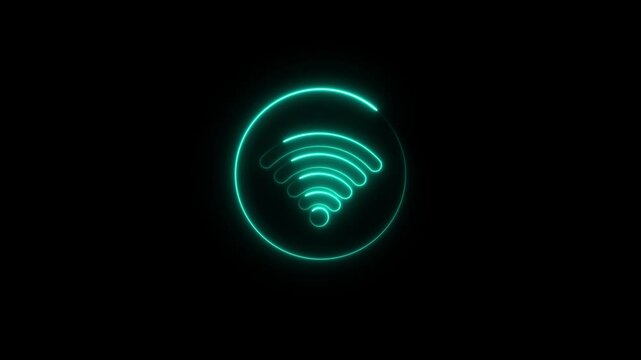 wifi symbol wireless, internet network icon, glow neon wi-fi technology signal, web lines. Neon wifi icon animation, color flicker. Glowing neon wifi sign, looped color blink animation.