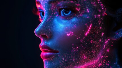 Obraz premium A beautiful iridescent woman cyborg with intricate wiring and circuitry on her skin. Cyberpunk, android robot bionic. Female artificial intelligence. Science fiction chrome robot girl. Generative AI