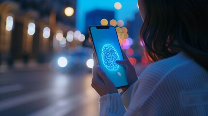Close up of a woman s hand holding a smartphone with a blue circuit brain hologram for mock up use