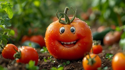 A joyful tomato adorned with a smiling face sits proudly in a verdant garden, surrounded by droplets of water and other ripe vegetables, radiating happiness