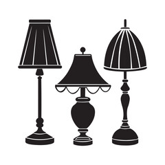 Lamp silhouette icon set. Black color logos floor lamp, nightlights, chandeliers ceiling lamp, table lamp. Modern interior light furniture