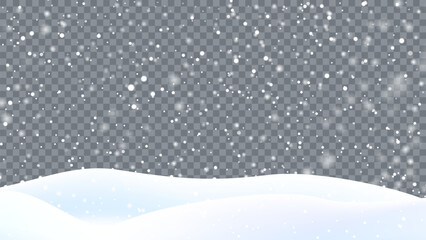Winter snow flakes with snow mountains in transparent background. Winter Landscape background vector, snow background
