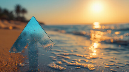 Upward arrow on beach, sunset in background