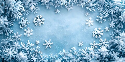 A serene winter background is depicted with intricately detailed snowflakes scattered across a vibrant blue background. Copy space. Christmas greeting card.