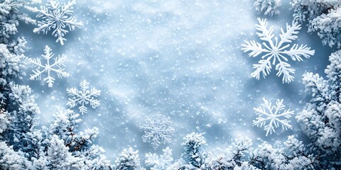 A serene winter background is depicted with intricately detailed snowflakes scattered across a vibrant blue background. Copy space. Christmas greeting card.