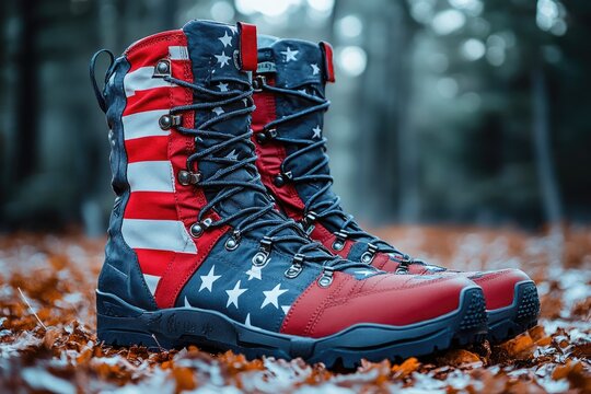 Pair of hiking boots with american flag design resting on autumn leaves