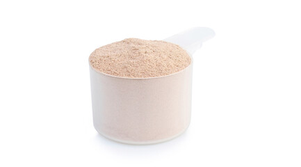 A scoop of chocolate whey protein powder on a white background.