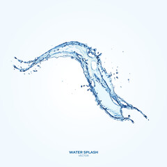 Realistic transparent isolated vector set splashes of water with drops. 3d vector liquid swirls, splashing fluids with droplets.
