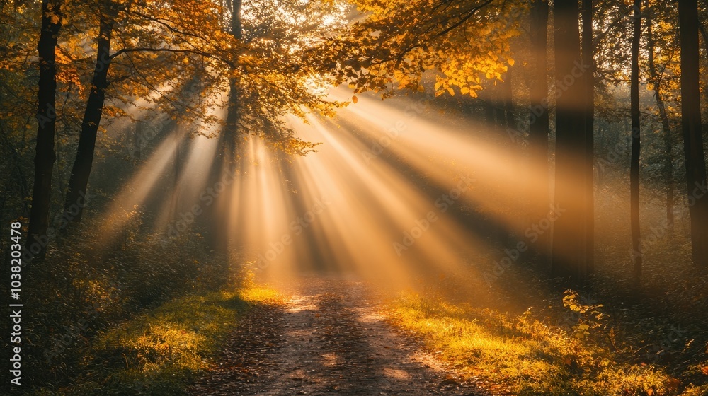 Poster sunbeams shining through fog and autumn trees on forest path