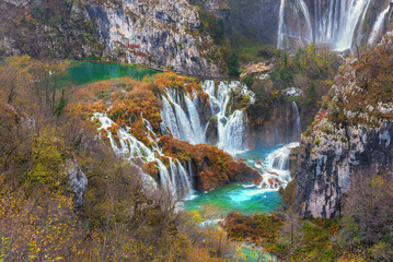 Plitvice Lakes National Park in Croatia. Panorama. Top view