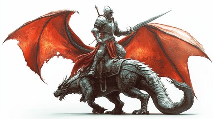 Illustration for a knight in shining armor riding a dragon