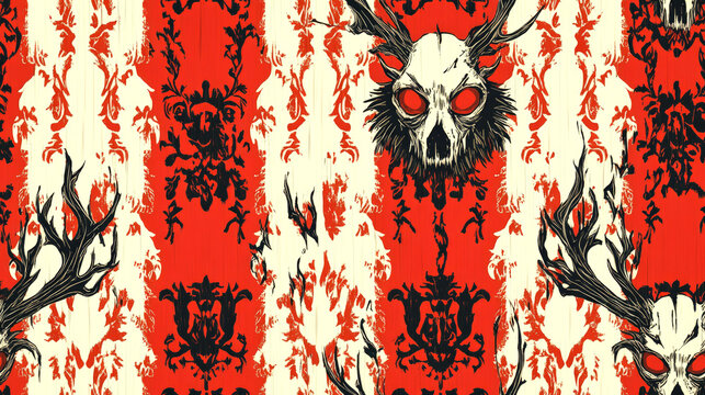 Red and black pattern with a skull and antlers in the center.