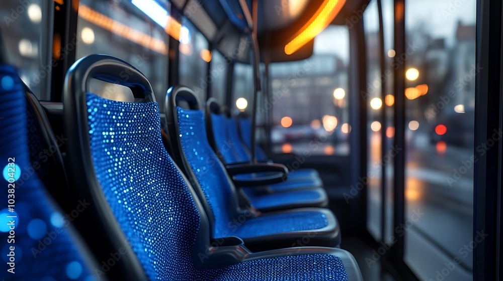 Poster empty blue seats inside a public bus with a blurred city view through the window.