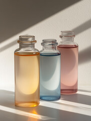 Three glass bottles with colored liquids in sunlight