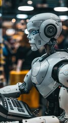 Fototapeta premium A robot is sitting at a keyboard in a room with people