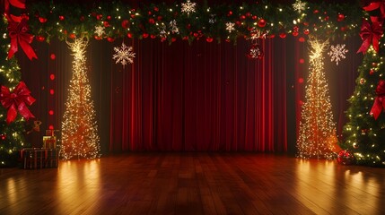 A beautifully decorated stage is set for a festive holiday celebration, adorned with twinkling lights, Christmas trees, and wrapped gifts. 