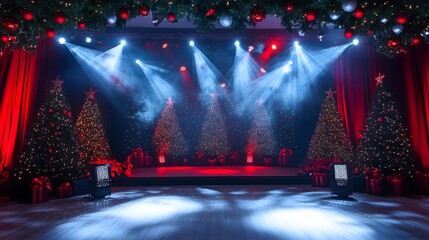 A beautifully decorated stage is set for a festive holiday celebration, adorned with twinkling lights, Christmas trees, and wrapped gifts. 