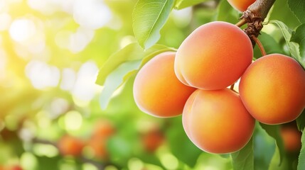 Fresh apricots hanging on a tree branch, illuminated by warm sunlight.