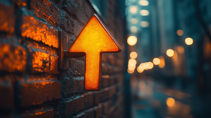 Glowing arrow sign on a brick wall in a cityscape at night.