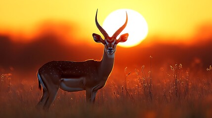 A single impala stands in a field of tall grass, silhouetted against a vibrant orange sunset.