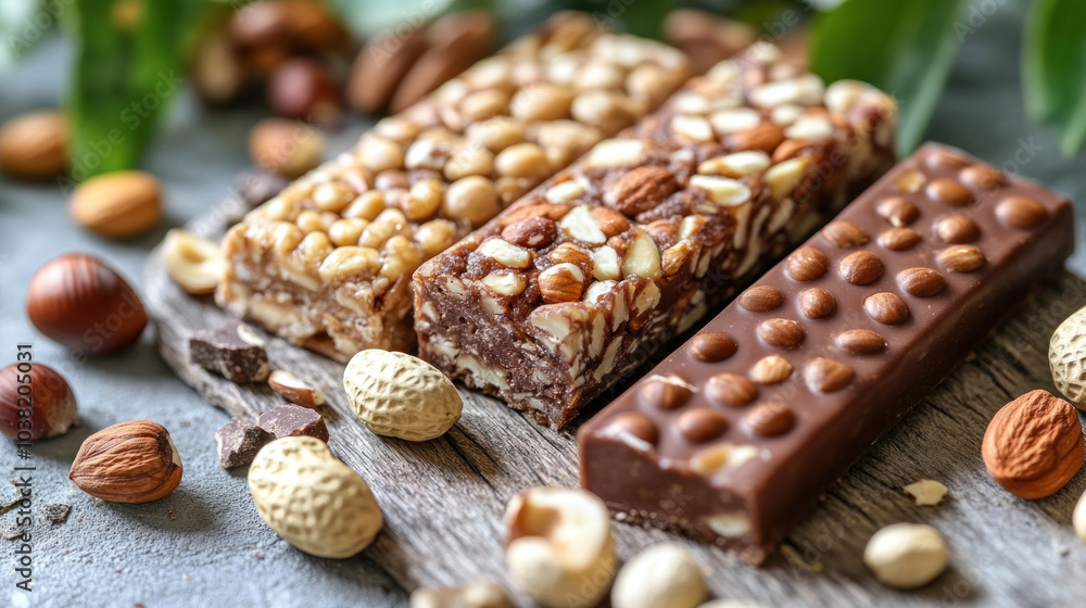 Poster three bars of chocolate with nuts on top of a wooden table. the nuts are scattered around the table 