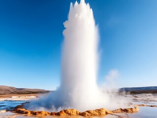 Water Geyser Erupting in Bright Blue Sky