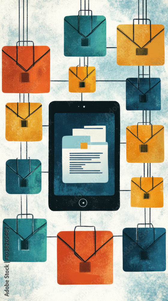 Poster a colorful image of a tablet with a piece of paper on it, surrounded by many colorful boxes