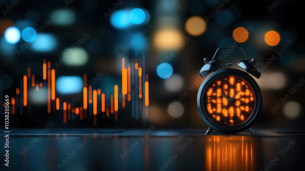 Poster a digital clock with a glowing face sits on a table in front of a series of lines and curves. the cl