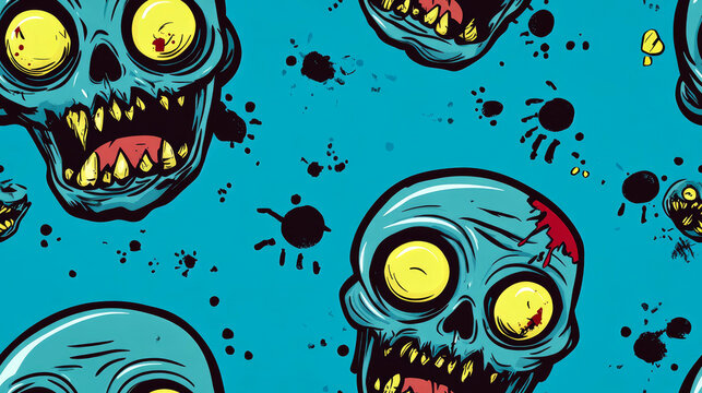 Seamless pattern of zombie skulls with blood splatters on blue background.