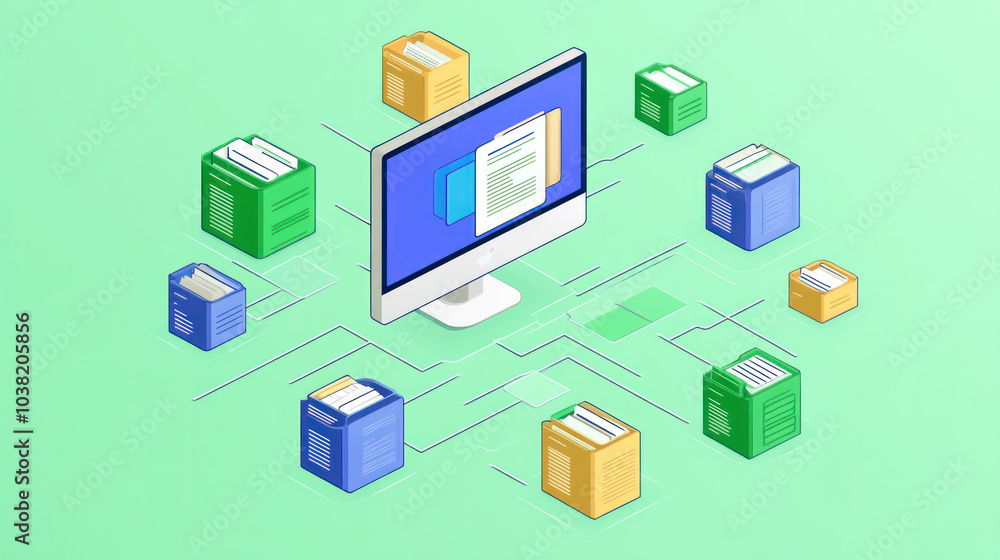 Poster a computer monitor displays a network of files and folders. concept of organization and management o