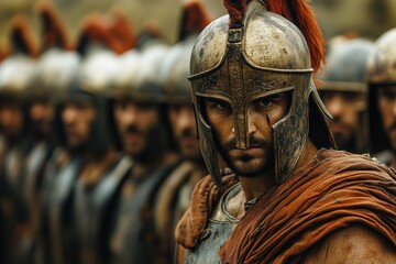 Spartan army with warrior king wearing helmet getting ready for battle