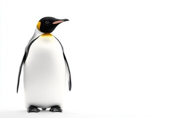 Fototapeta premium A charming penguin standing upright in a snowy winter landscape against a simple white background