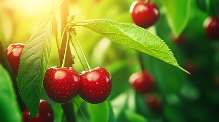 Fresh cherries on tree branch with green leaves and sunlight.