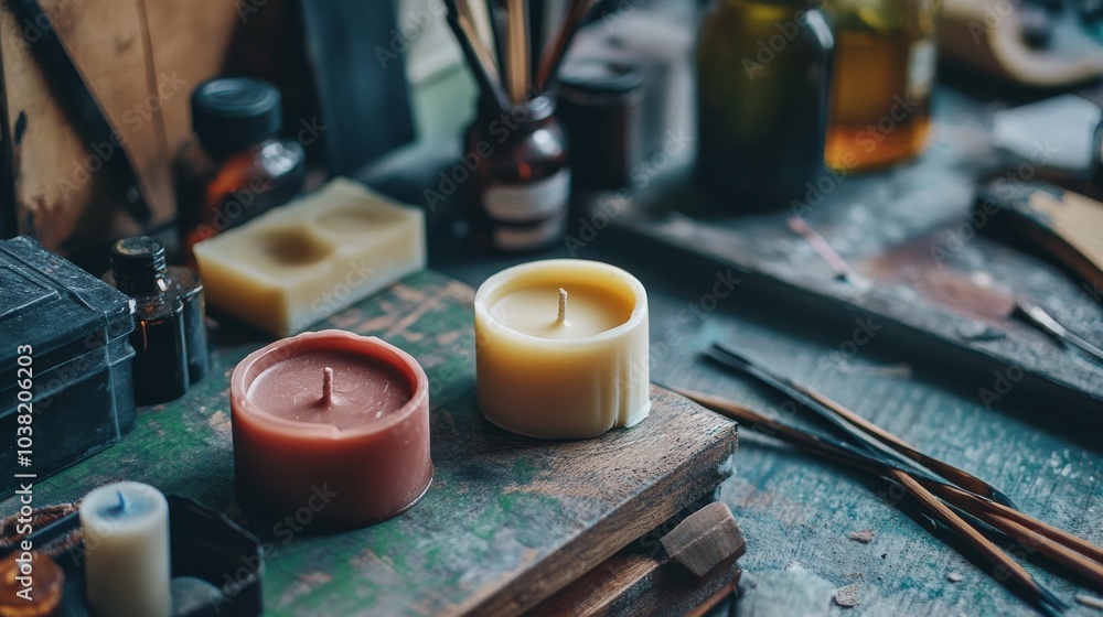 Poster a cozy candle-making workshop with wax and molds, candle-making tools and fragrant oils neatly organ