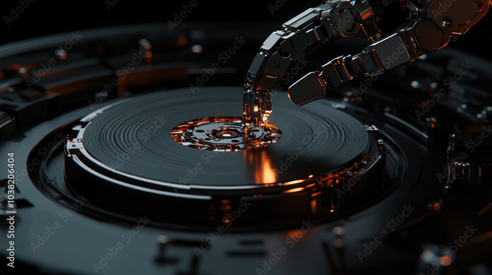 Poster a robot is touching a record. the robot is made of metal and has a human-like appearance. the record