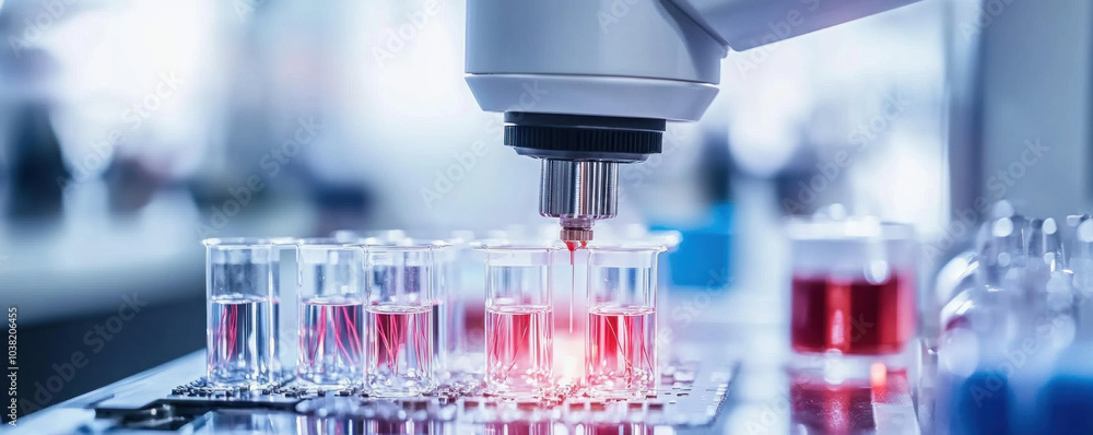 Poster a lab with a microscope and a bunch of test tubes. the tubes are filled with red liquid and the micr