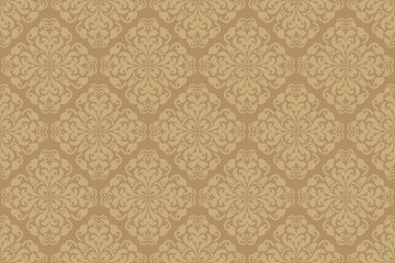 Gold Elegant Ornamental Damask Pattern with Floral Motifs on Brown Background,.Vector Illustration for Elegant Textile design for wrapping,dress, silk, scarf, background, textile, carpet,wallpaper.
