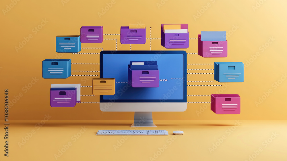 Poster a computer monitor displays a colorful array of folders and files. concept of organization and produ