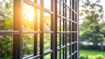Detail of an aluminum window grid pattern, featuring the clean lines of the metal bars and the transparency of the glass, with sunlight filtering through. --chaos