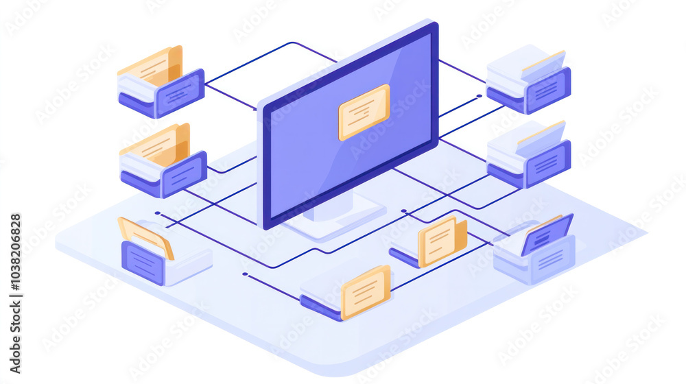 Poster a computer monitor displays a network of files and folders. the computer is connected to a server, w