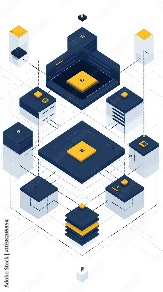 Poster a complex network of buildings and towers with a yellow and blue color scheme. the buildings are con