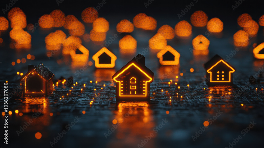 Poster a group of houses are lit up in orange and yellow. the houses are arranged in a row and are lit up i