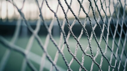 Fototapeta premium A soccer goal net with twisted nylon strands, outdoor setting with dusk lighting, Dramatic style